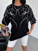 Unisex Bisiklet Yaka Baskılı Oversize T-Shirt - Siyah resmi
